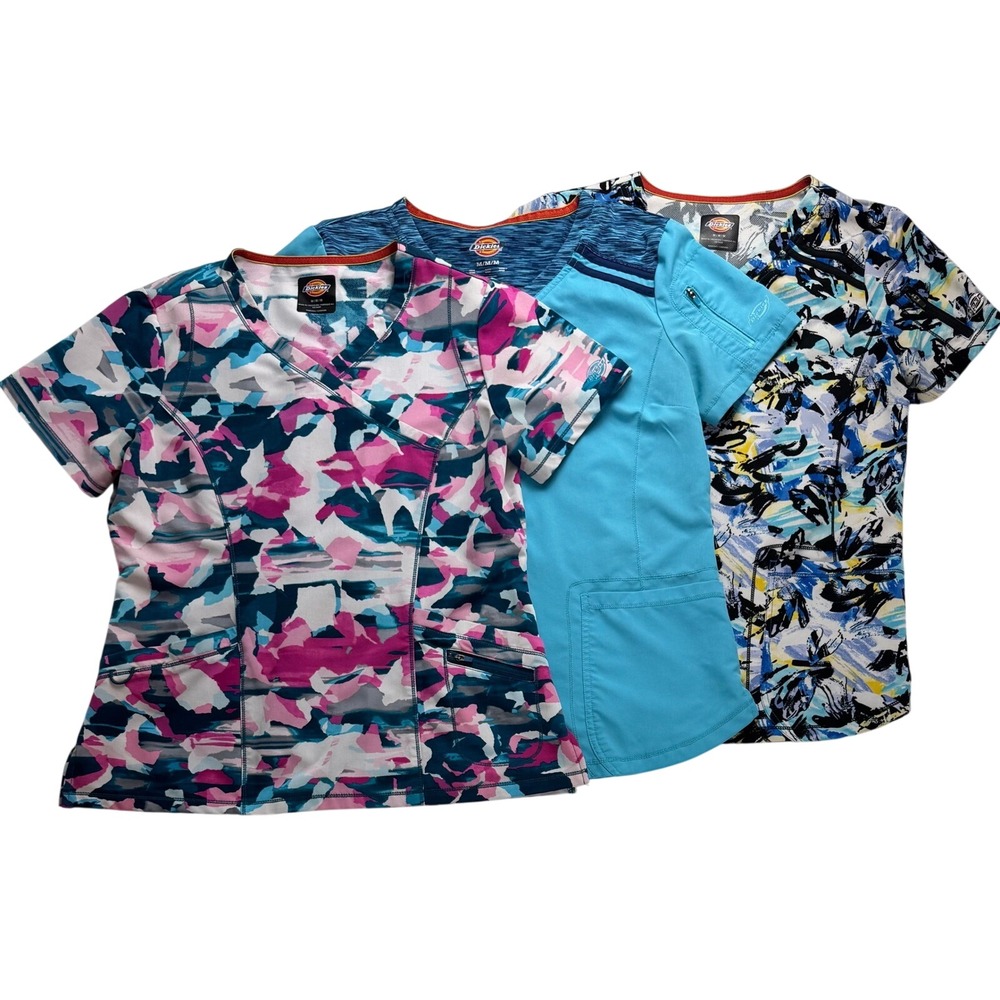 Lot of 3 Dickies Women V Neck Short Sleeve Scrub Tops SZ M pockets